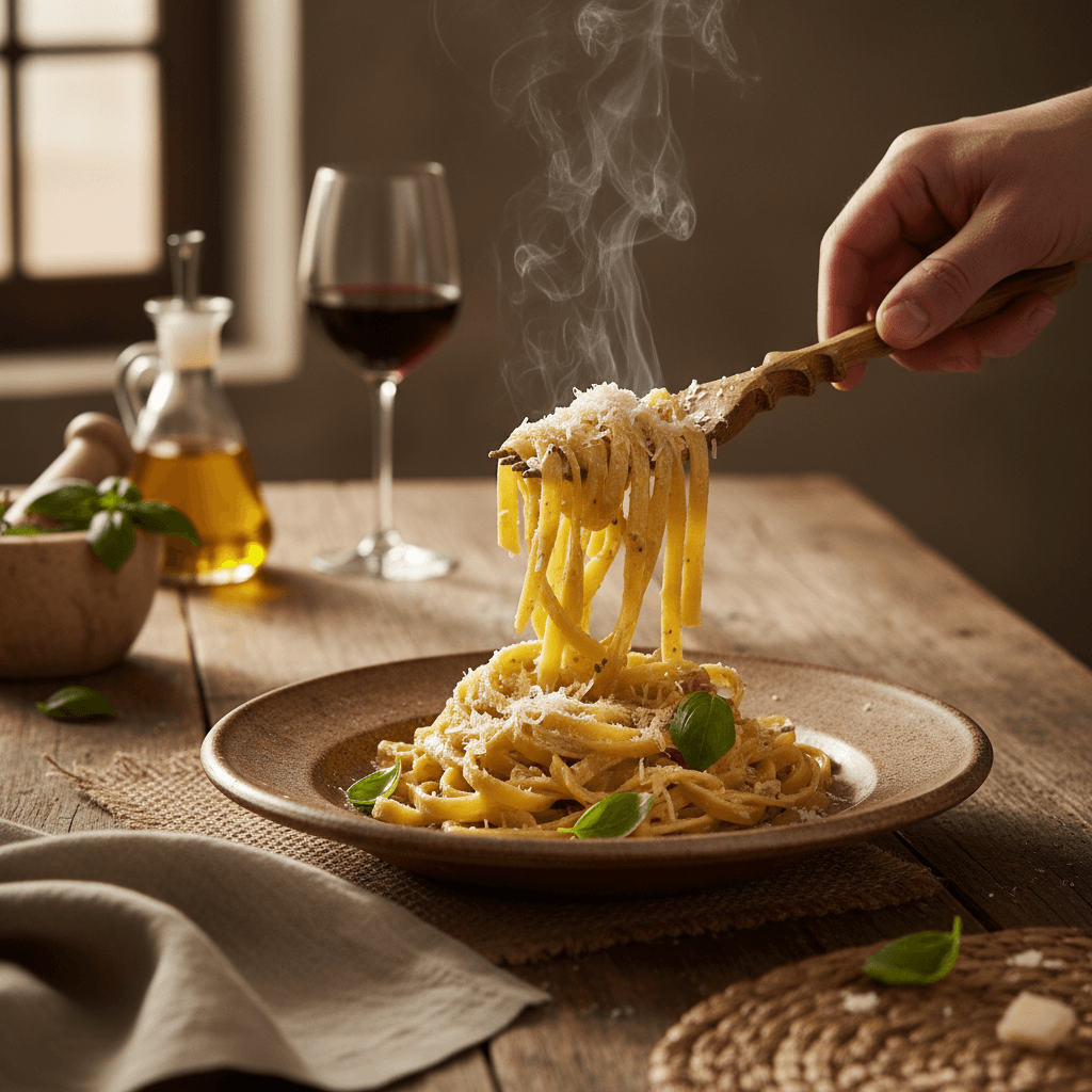 Chef's hands plating fresh handmade tagliatelle pasta with creamy sauce and basil garnish on rustic wooden table