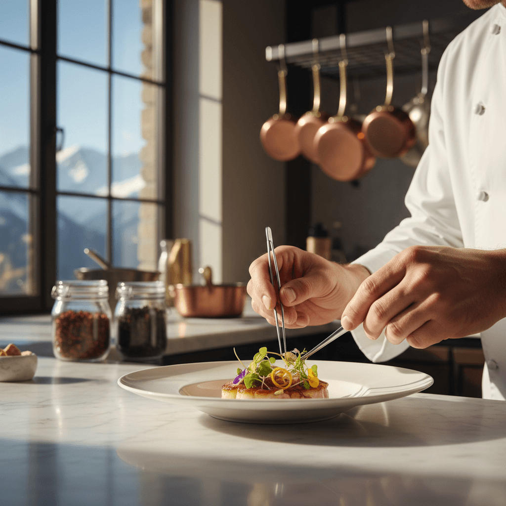 Private chef's hands carefully plating an elegant appetizer with microgreens and edible flowers in a luxury mountain home kitchen