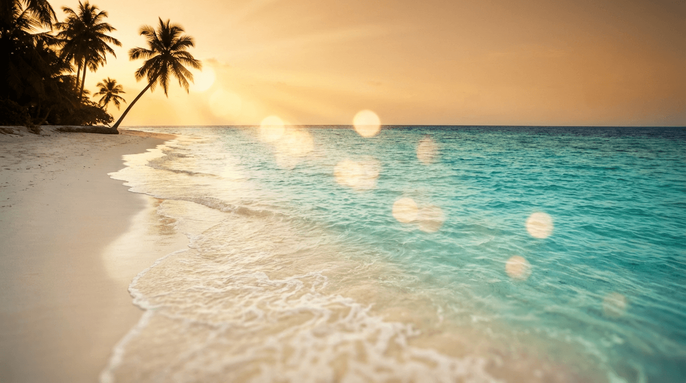 Playa tropical con aguas turquesas y arena blanca al atardecer