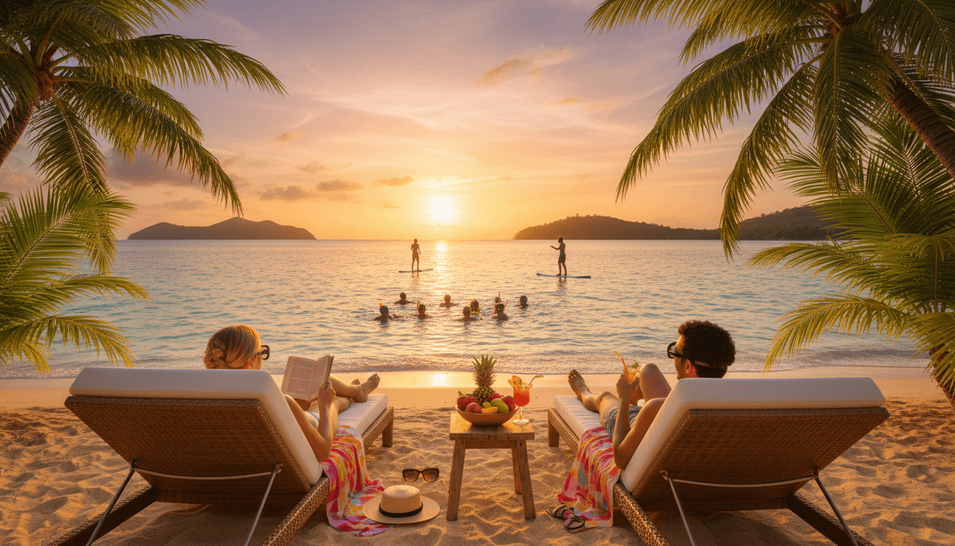 Vista de playa tropical con agua turquesa y arena blanca en Puerto Aventuras