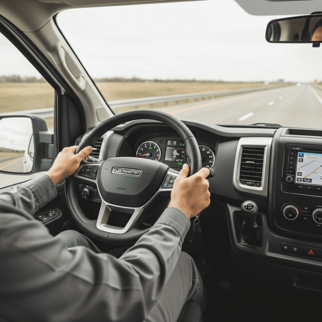 Professional driver's hands on steering wheel inside well-maintained cargo van cab with modern dashboard visible