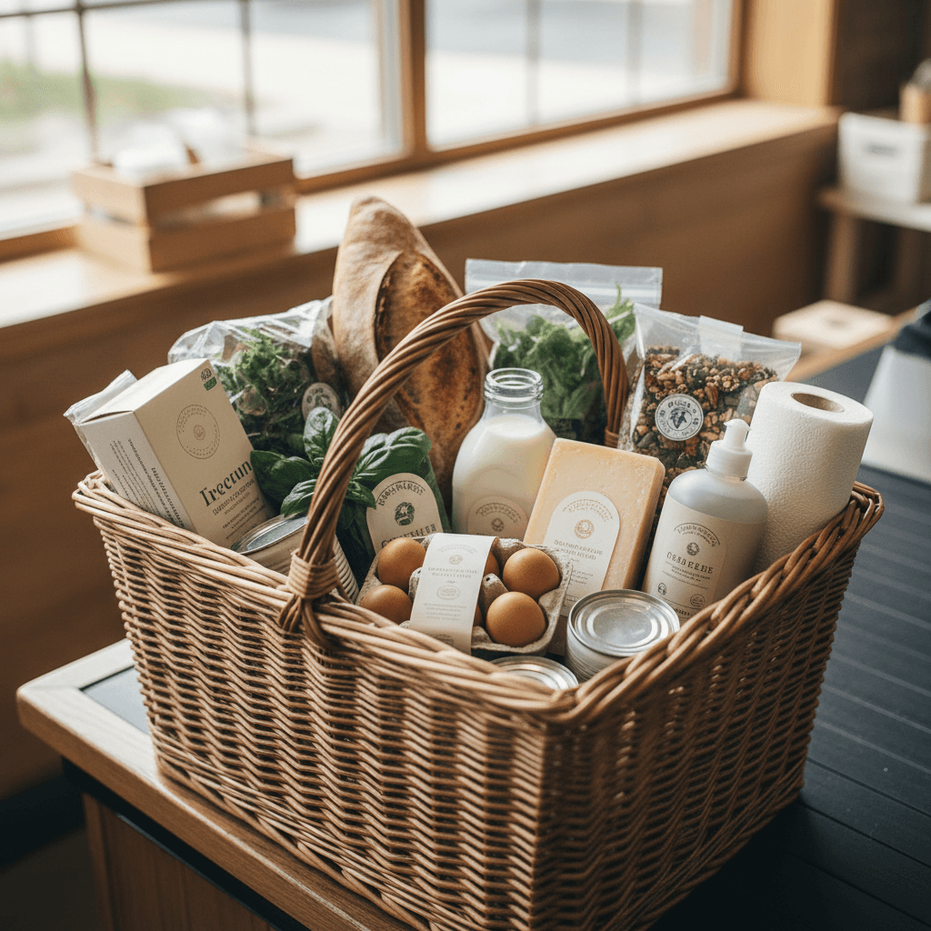 Overhead view of shopping basket filled with fresh produce, dairy, bread, and household essentials
