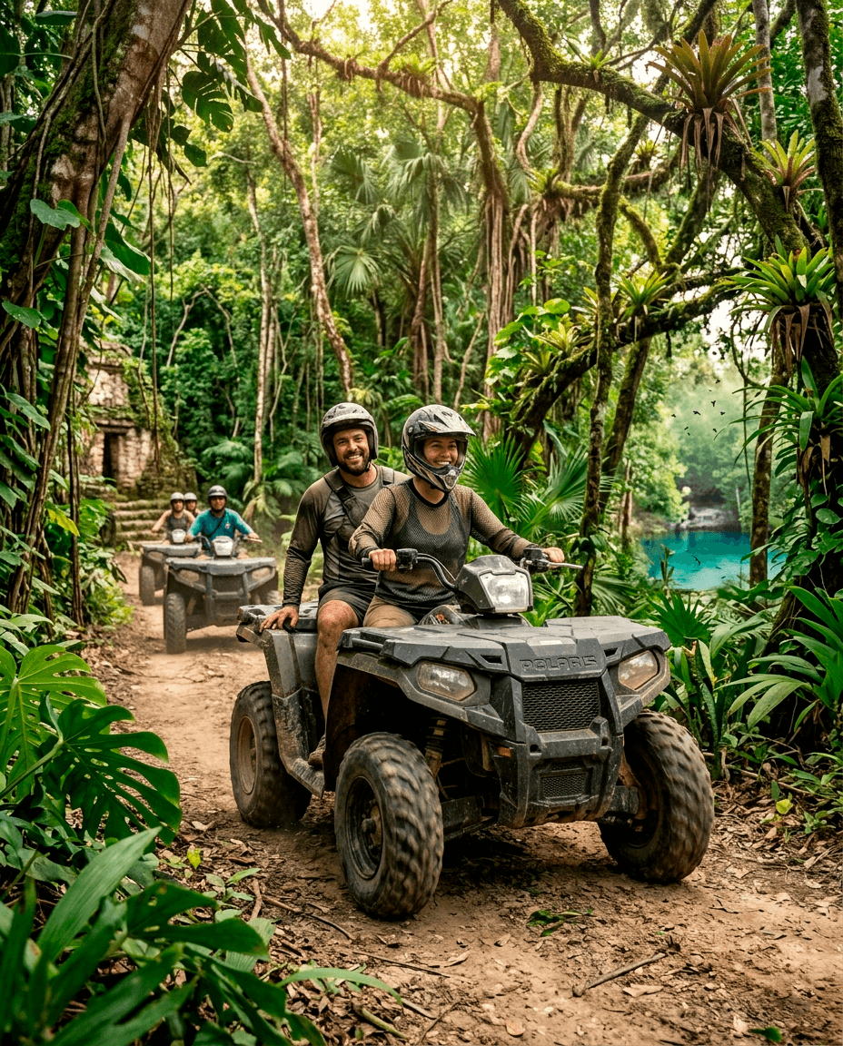 Pareja en cuatrimoto recorriendo una selva tropical con ruinas y un cenote al fondo.
