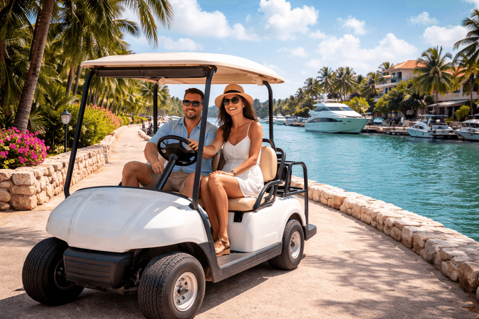 Pareja sonriente en carrito de golf blanco junto a un canal con yates y palmeras.