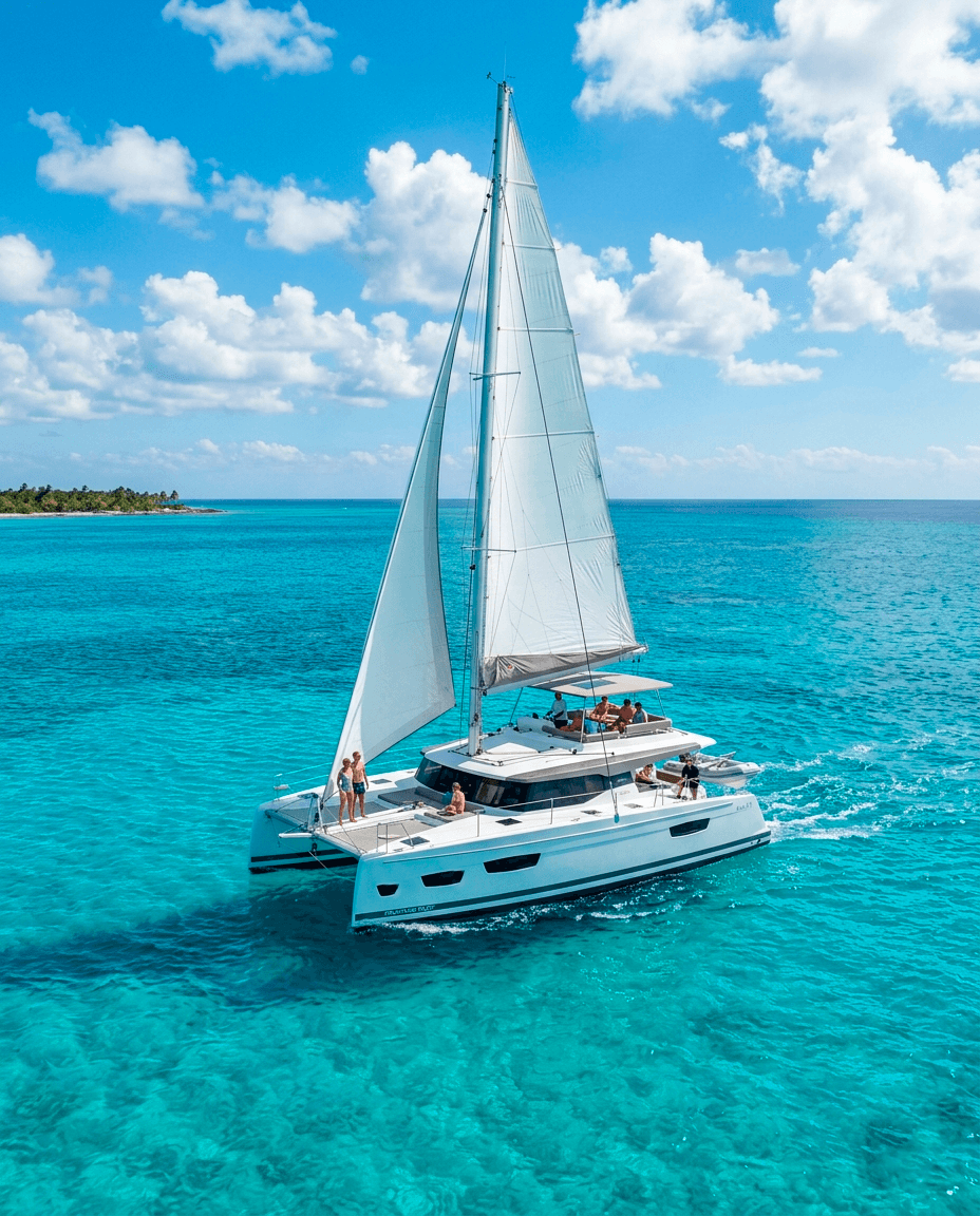 Catamarán blanco con velas desplegadas navegando en aguas turquesas bajo un cielo azul brillante.