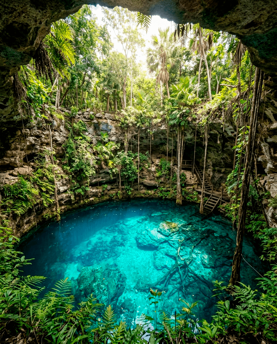 Cenote de aguas turquesas rodeado de selva tropical densa visto desde una cueva rocosa.