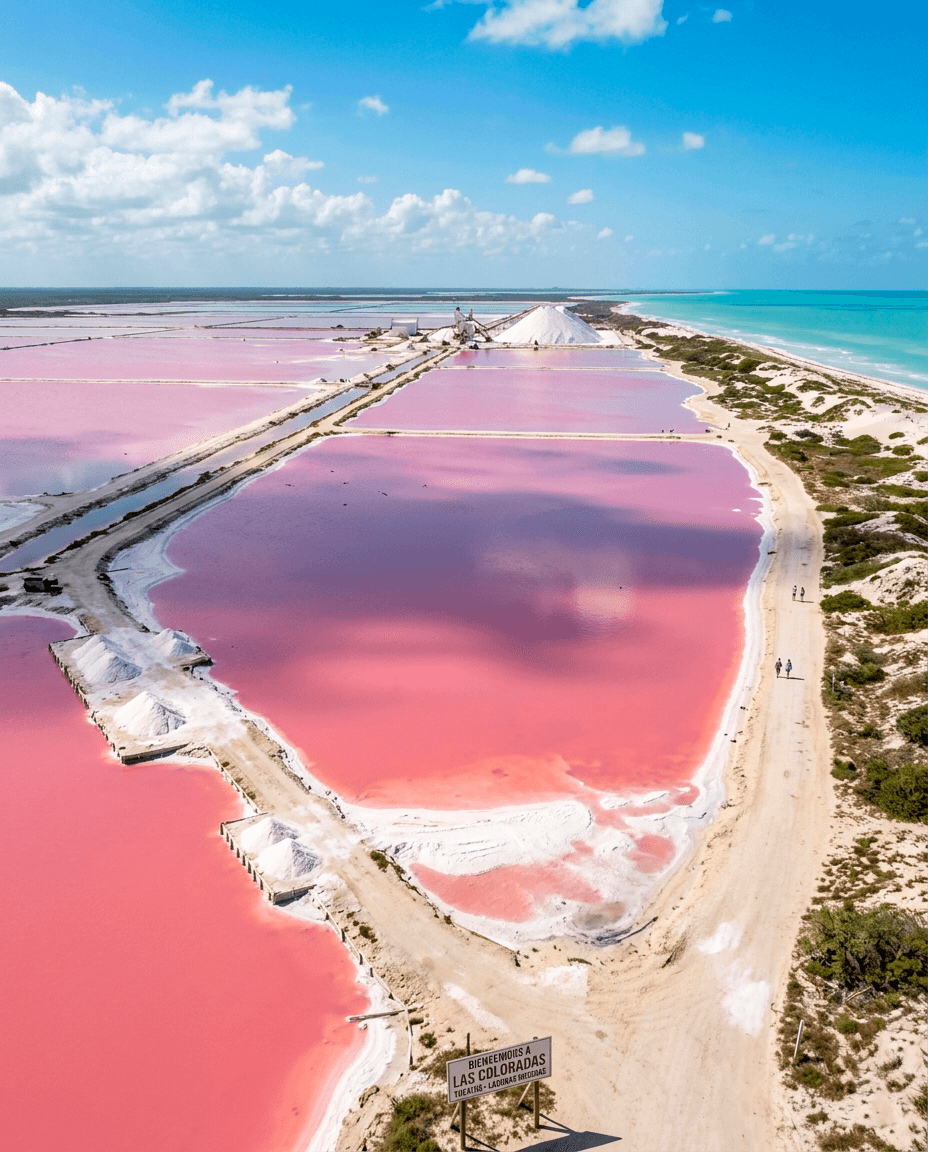 Vista aérea de las vibrantes lagunas rosas de Las Coloradas bajo un cielo azul.