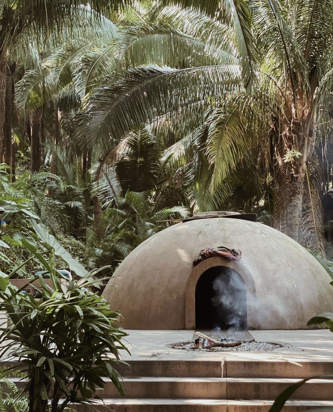 Temazcal tradicional humeante en medio de una selva tropical con densas palmeras y vegetación.