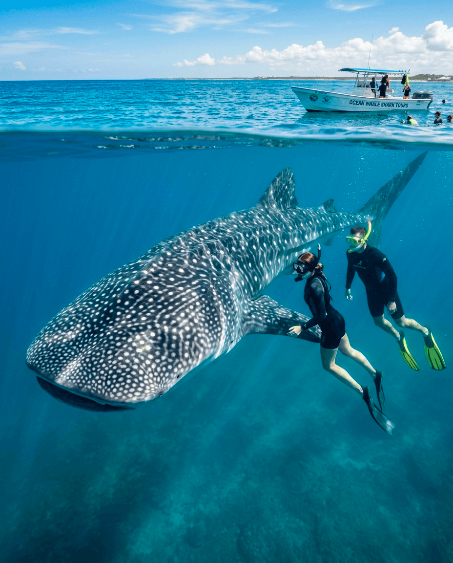 Dos buceadores nadan junto a un enorme tiburón ballena bajo un barco en aguas cristalinas.