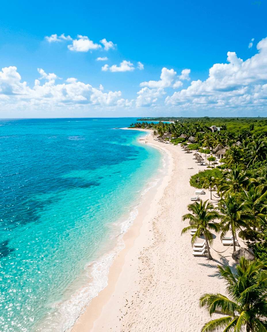 Vista aérea de una playa tropical con arena blanca, palmeras y aguas turquesas cristalinas.